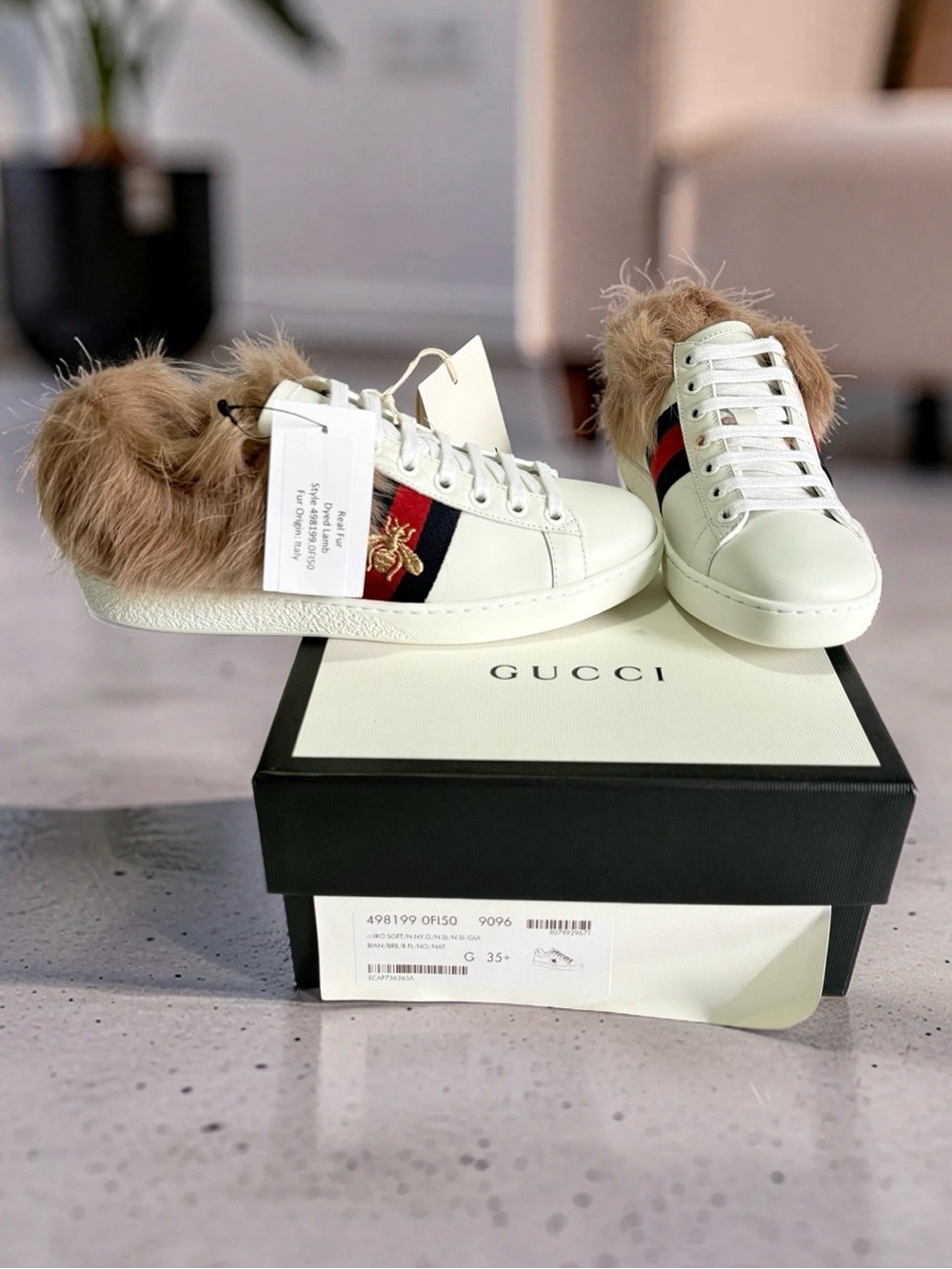 Gucci Ace Bee White Leather Fur Sneakers 36.5 NWT